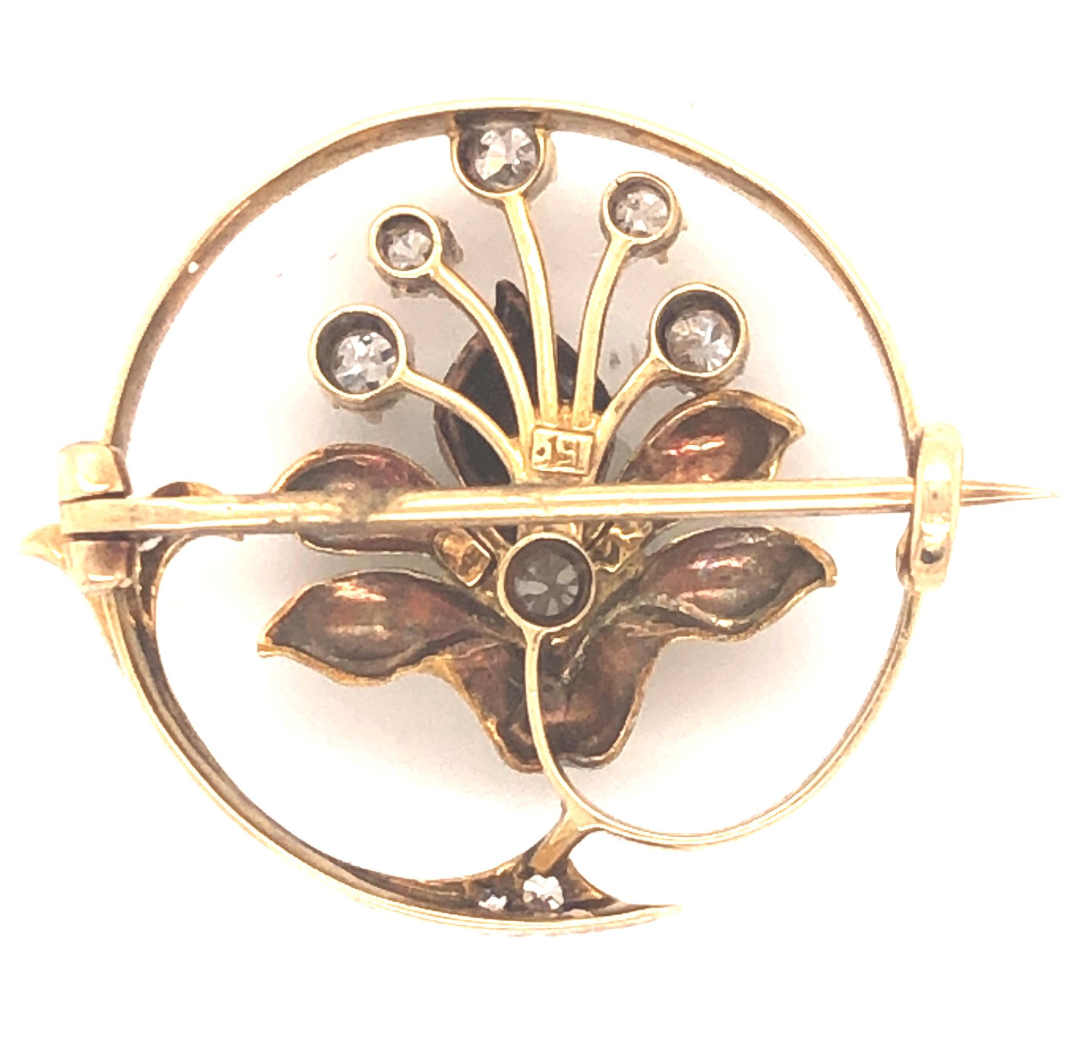 Old Mine Cut Edwardian Enamel Orchid Diamond Floral Brooch Yellow Gold For Sale