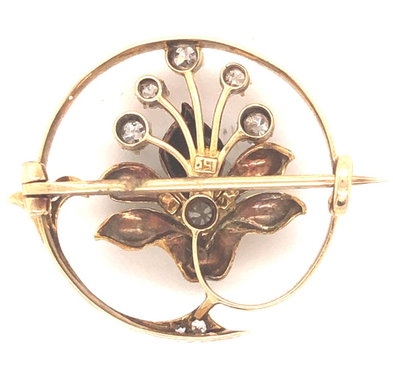 Edwardian Enamel Orchid Diamond Floral Brooch Yellow Gold In Good Condition For Sale In MIAMI, FL