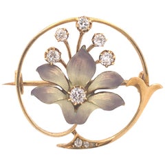 Edwardian Enamel Orchid Diamond Floral Brooch Yellow Gold