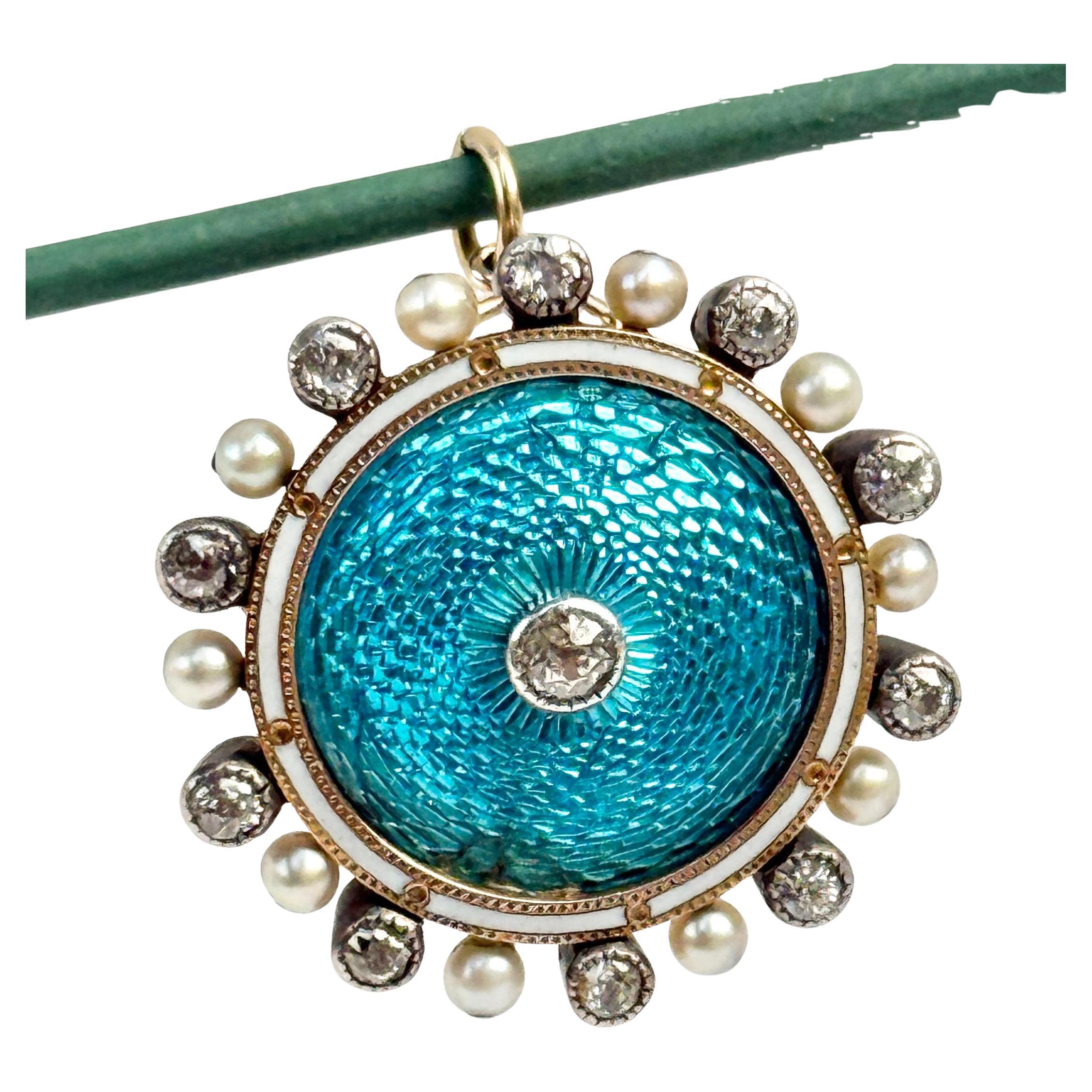 Pendentif broche édouardienne en émail, perles et diamants