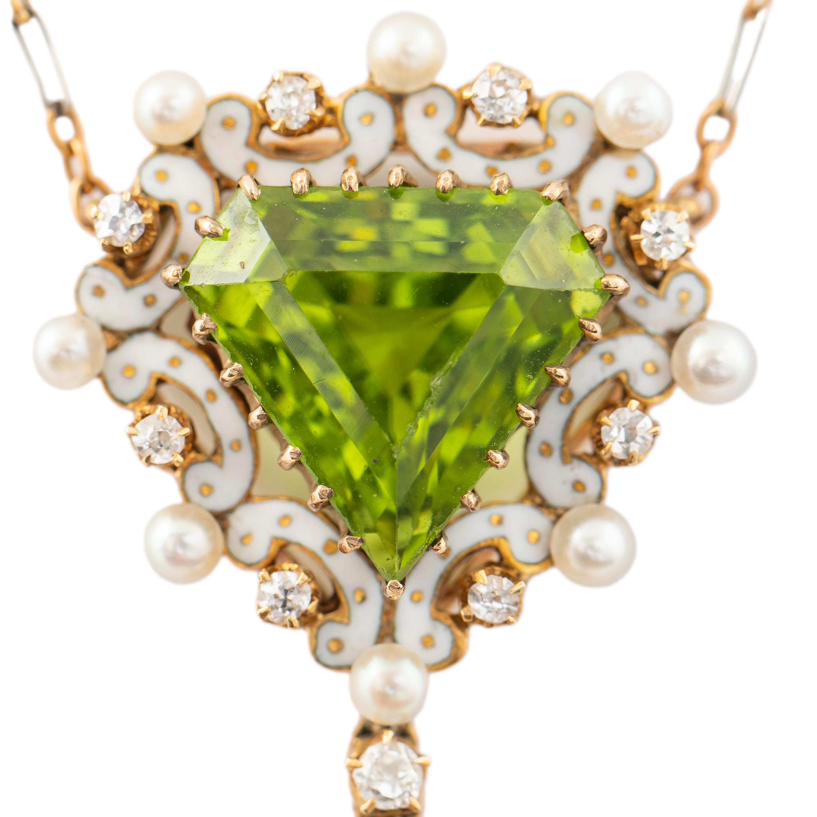 Kite Cut Edwardian Enamel Peridot Pearl Diamond Gold Drop Necklace, circa 1910 For Sale