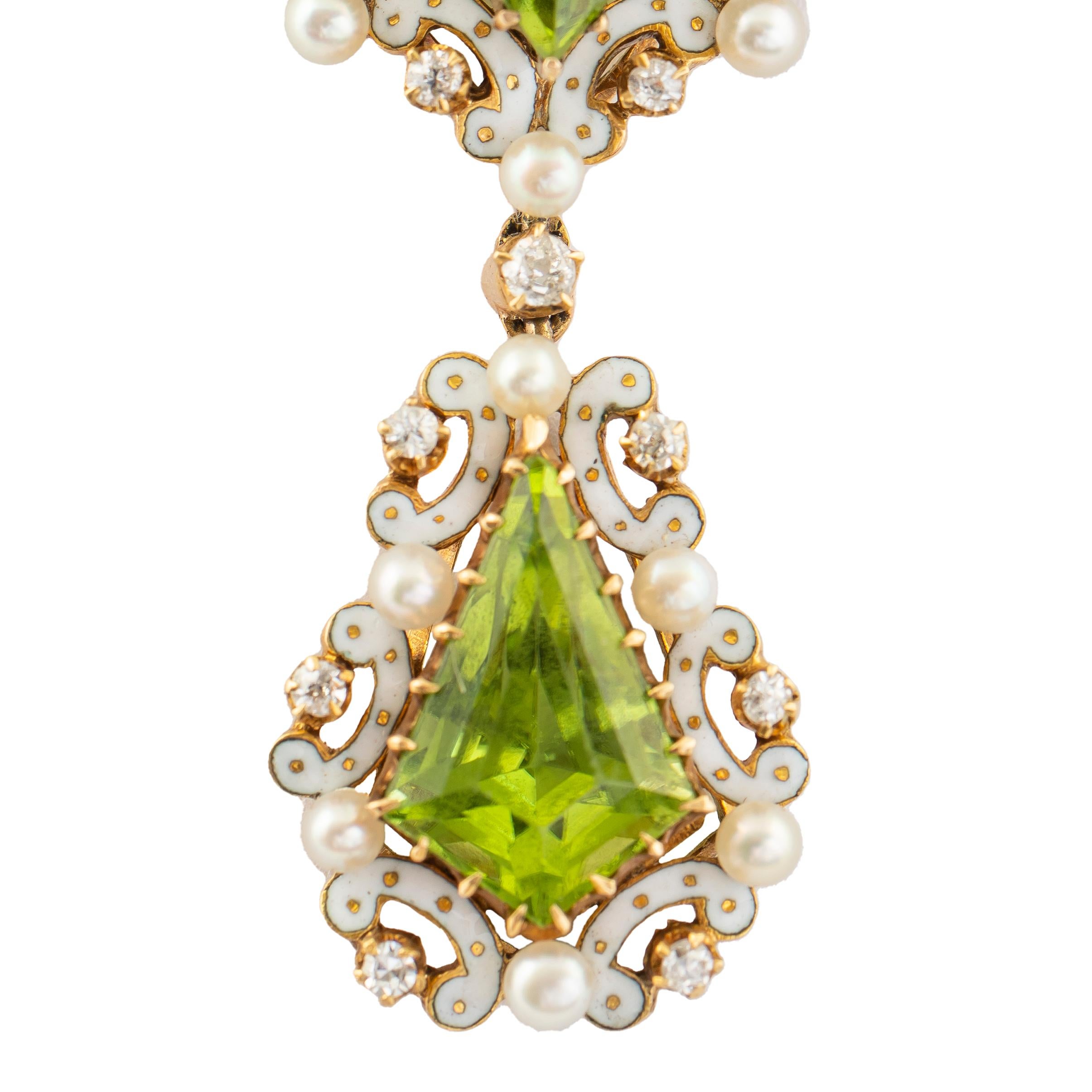 Edwardian Enamel Peridot Pearl Diamond Gold Drop Necklace, circa 1910 In Good Condition For Sale In St. Catharines, ON