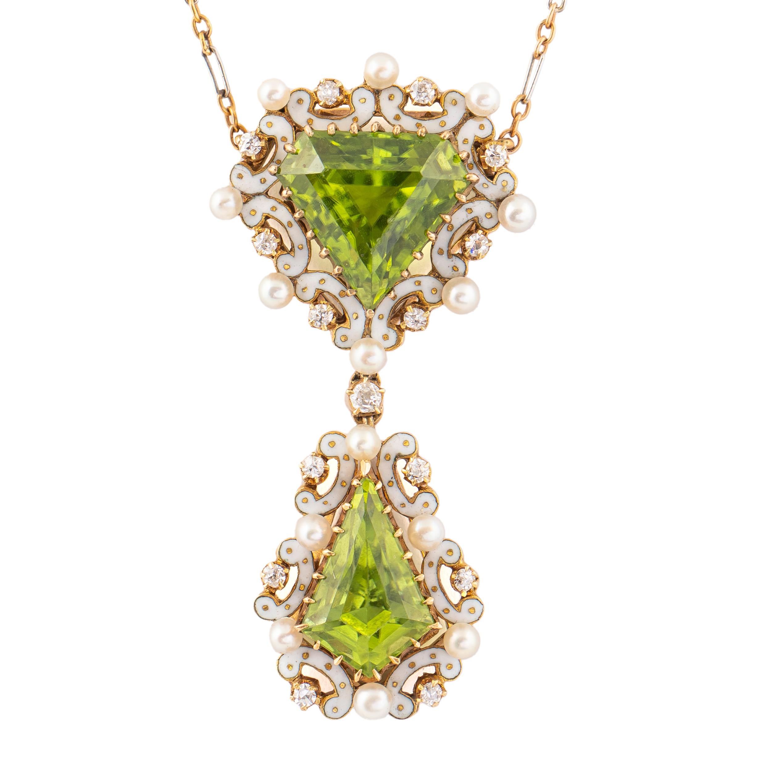 Women's Edwardian Enamel Peridot Pearl Diamond Gold Drop Necklace, circa 1910 For Sale