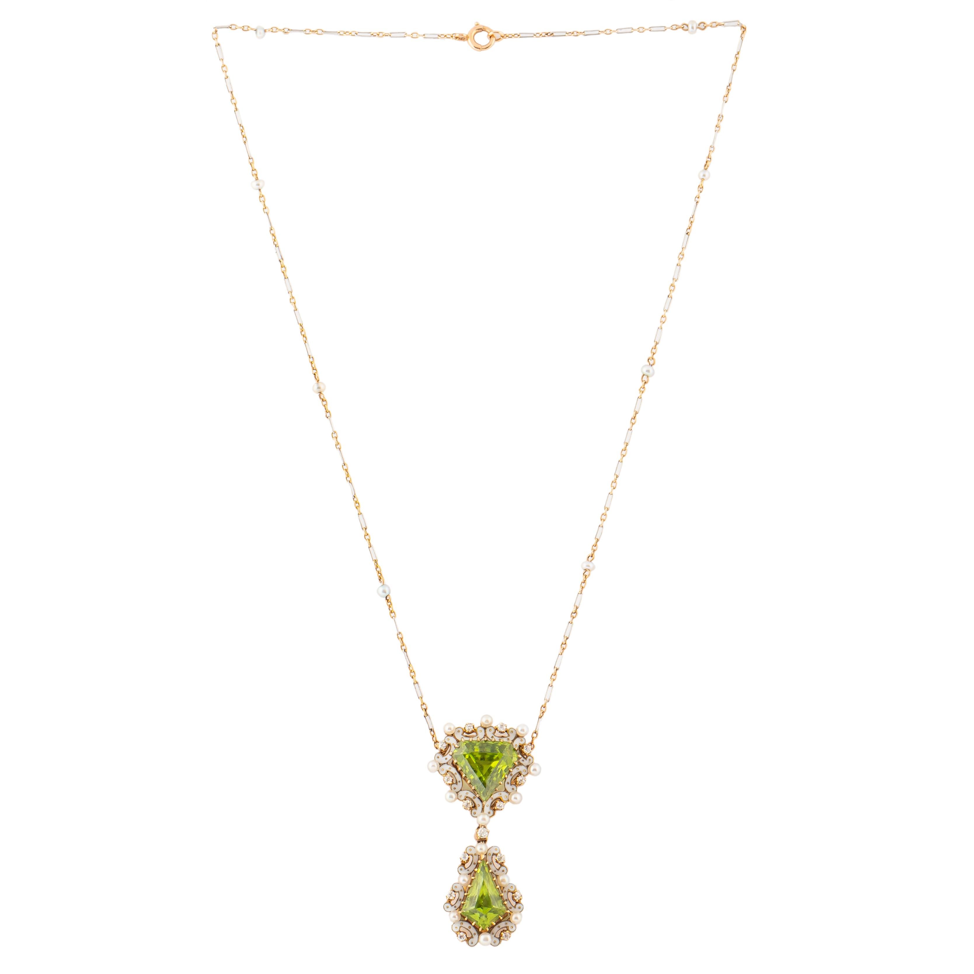 Edwardian Enamel Peridot Pearl Diamond Gold Drop Necklace, circa 1910 For Sale 2