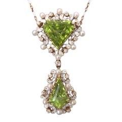 Edwardian Enamel Peridot Pearl Diamond Gold Drop Necklace, circa 1910