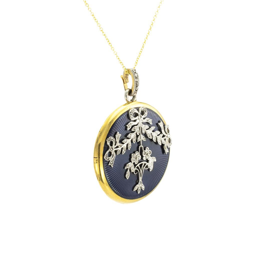 Edwardian rose-cut diamond and aubergine color Champlevé enamel gold and platinum locket circa 1911. *

ABOUT THIS ITEM:  #N-DJ1030H. Scroll down for specific details.  The front cover is decorated by a garland motif with platinum-set rose-cut