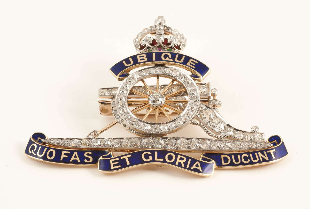 Royal Artillery Brooch in 18 Carat Gold, Diamonds & Enamel, English circa 1910 1