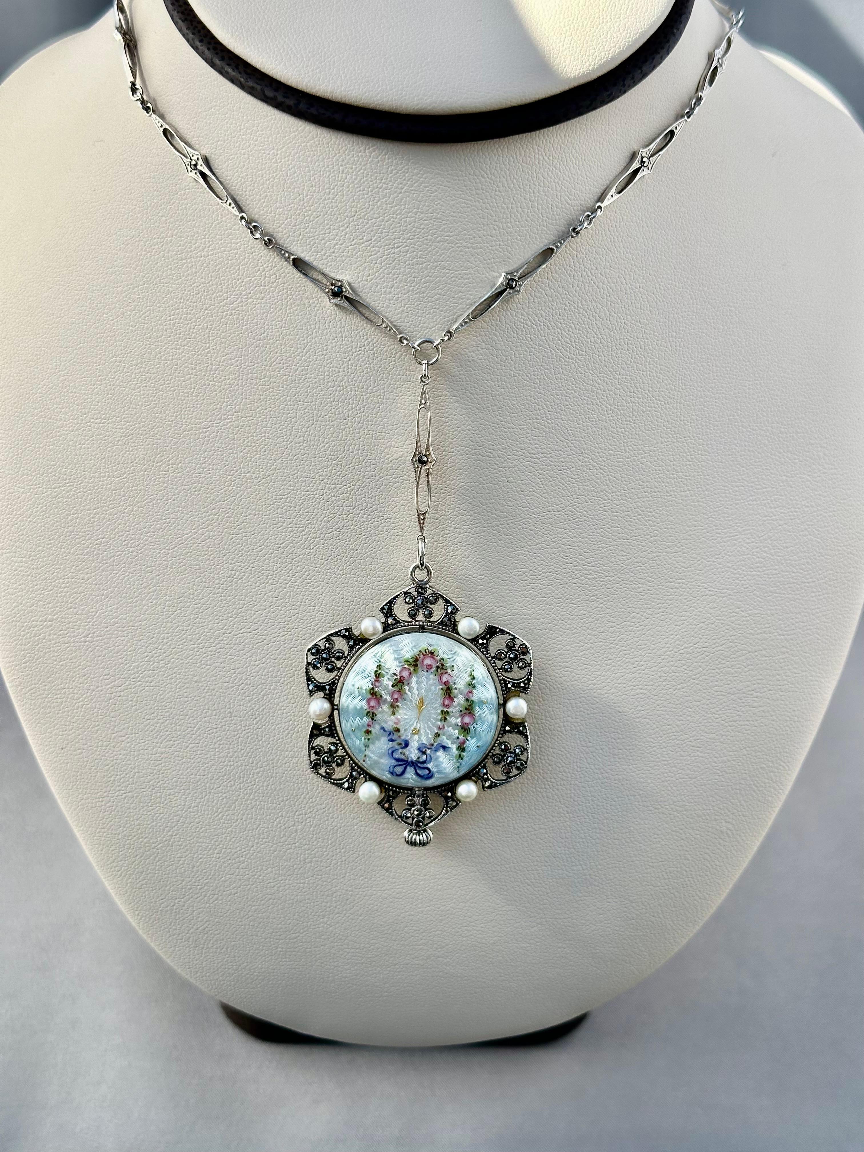 Briolette Cut Edwardian Enameled Sterling Silver Marcasite & Natural Pearl Pendant Watch For Sale