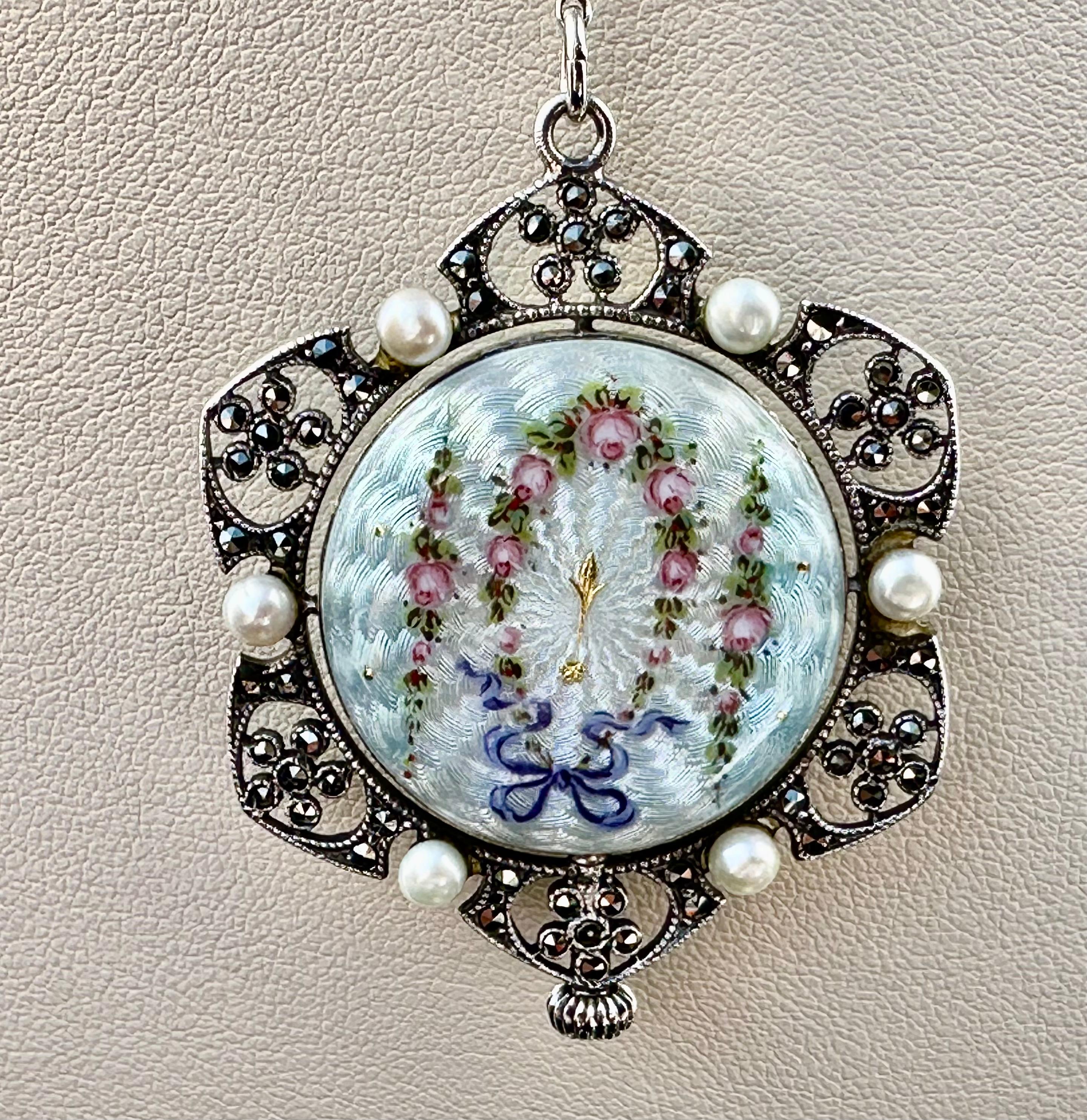 Edwardian Enameled Sterling Silver Marcasite & Natural Pearl Pendant Watch In Excellent Condition For Sale In Laguna Beach, CA