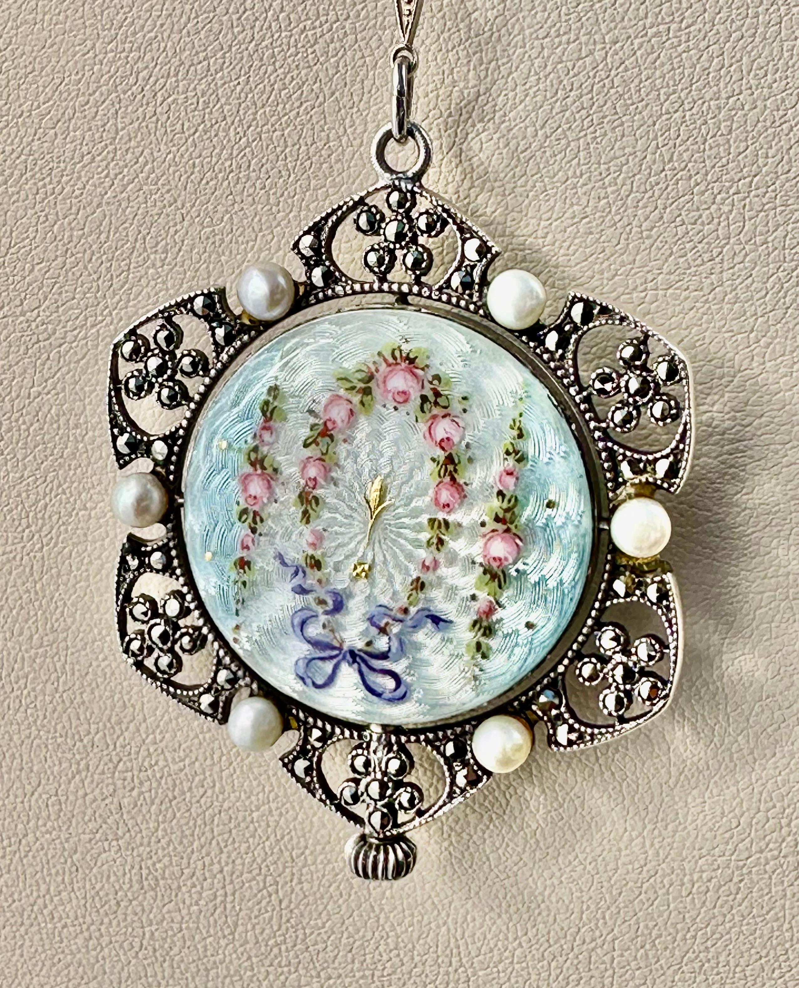 Women's Edwardian Enameled Sterling Silver Marcasite & Natural Pearl Pendant Watch For Sale