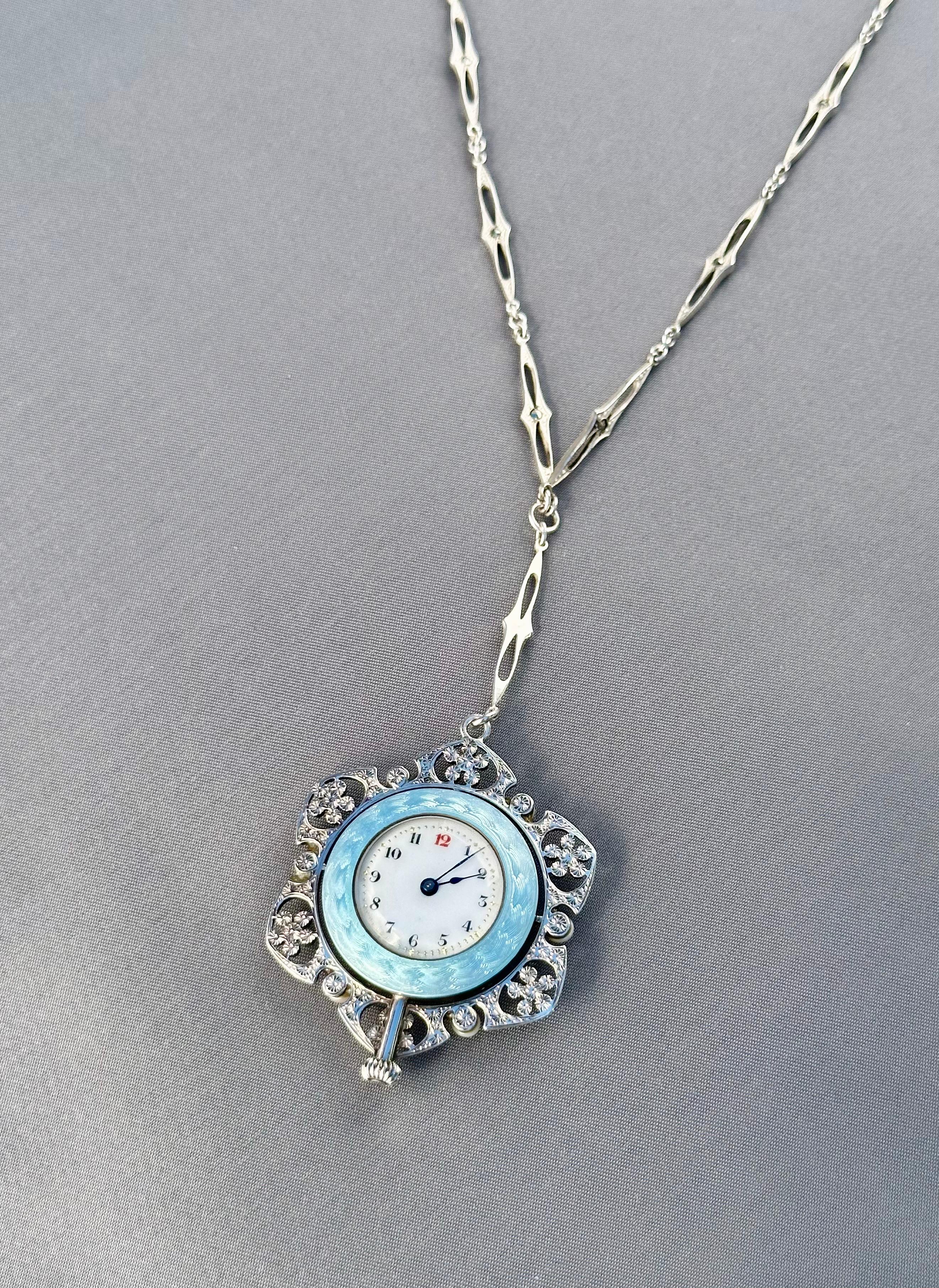 Edwardian Enameled Sterling Silver Marcasite & Natural Pearl Pendant Watch For Sale 1