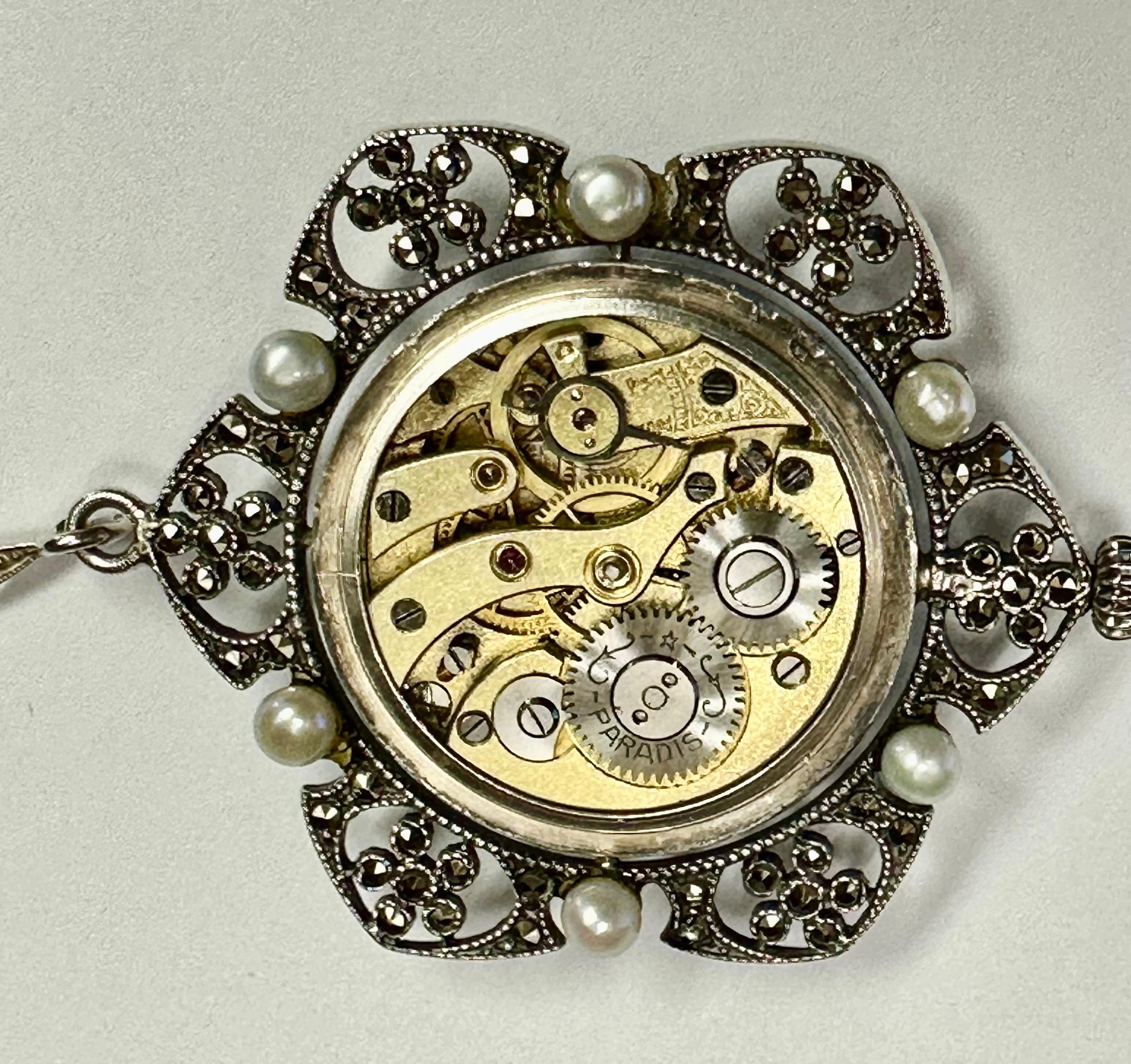 Edwardian Enameled Sterling Silver Marcasite & Natural Pearl Pendant Watch For Sale 4