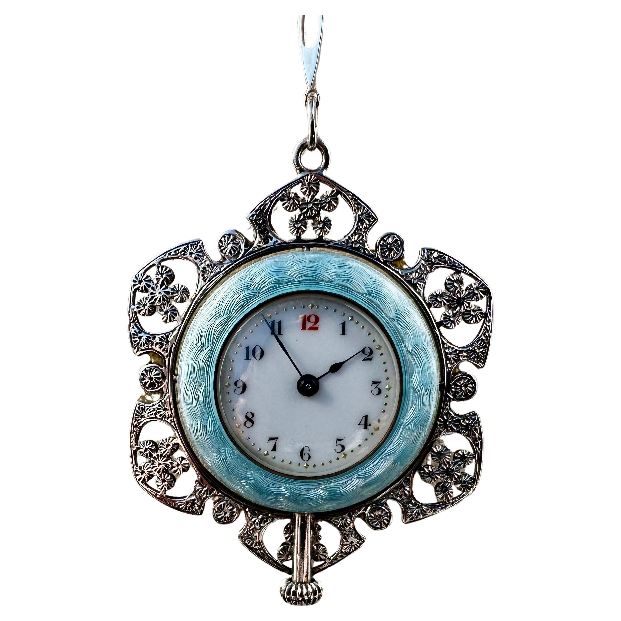 Edwardian Enameled Sterling Silver Marcasite & Natural Pearl Pendant Watch