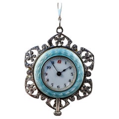 Edwardian Enameled Sterling Silver Marcasite & Natural Pearl Pendant Watch