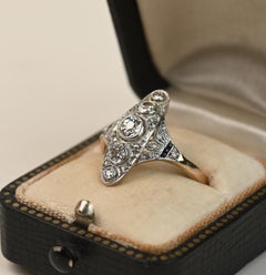Edwardian Engagement Ring. Old Euro Cut Diamond Navette Platinum 18K Gold H VS2
