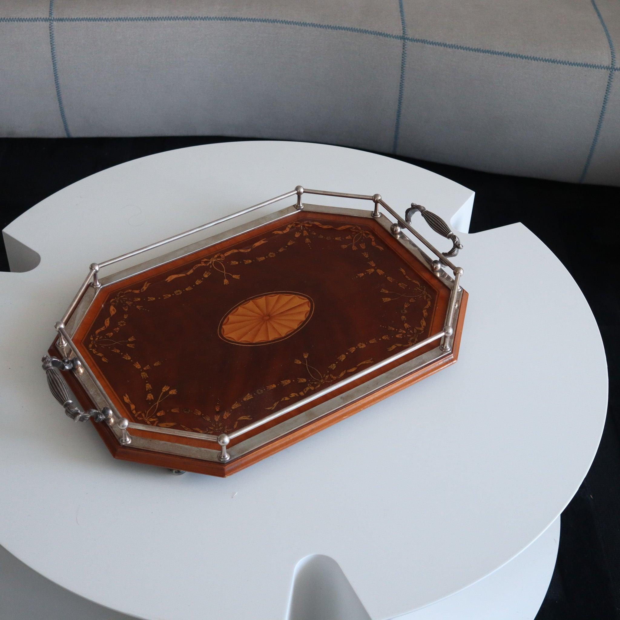 Edwardian EDWARDIAN England 1900 Large Serving Tray In Silver Plate & Precious Inlaid For Sale