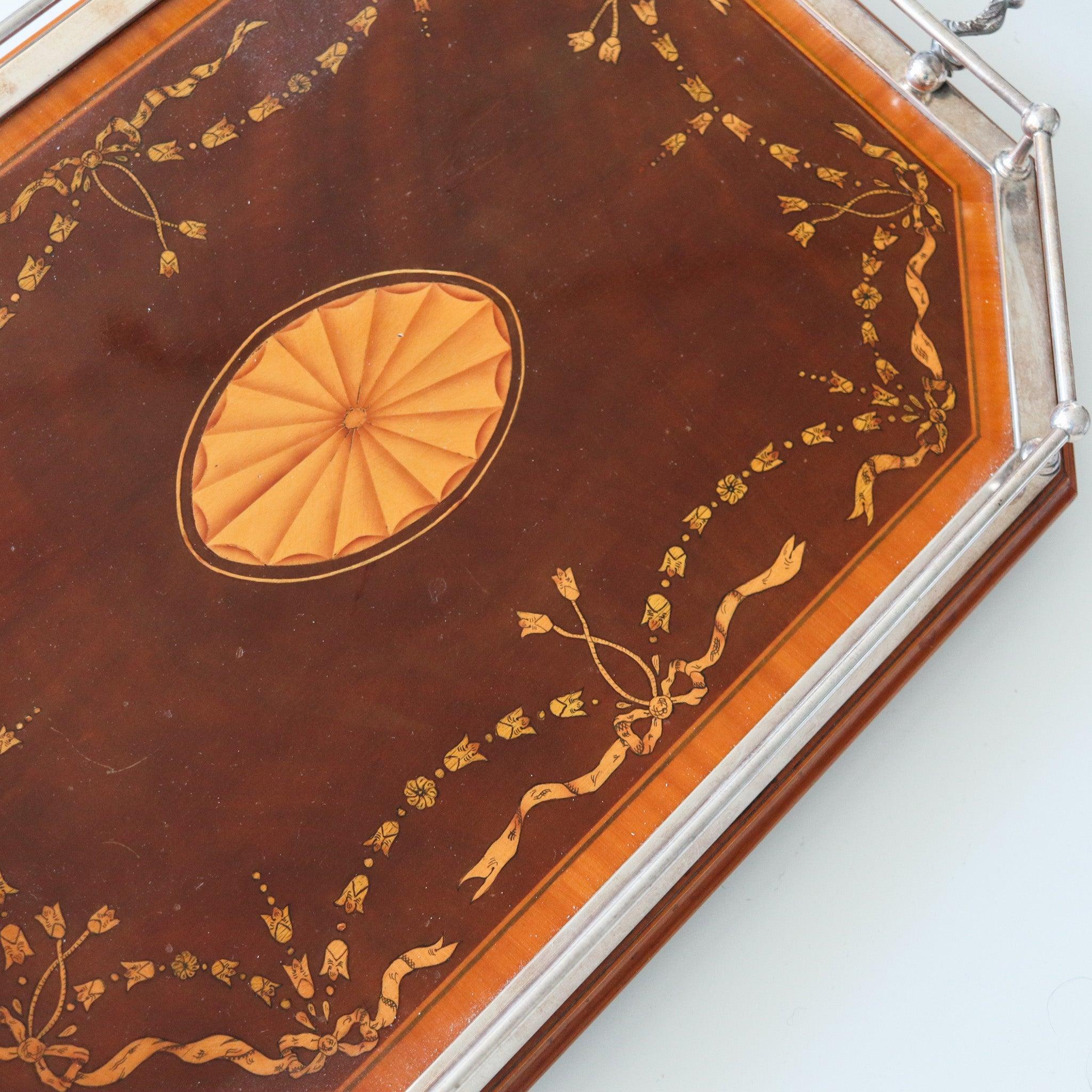 Hand-Crafted EDWARDIAN England 1900 Large Serving Tray In Silver Plate & Precious Inlaid For Sale