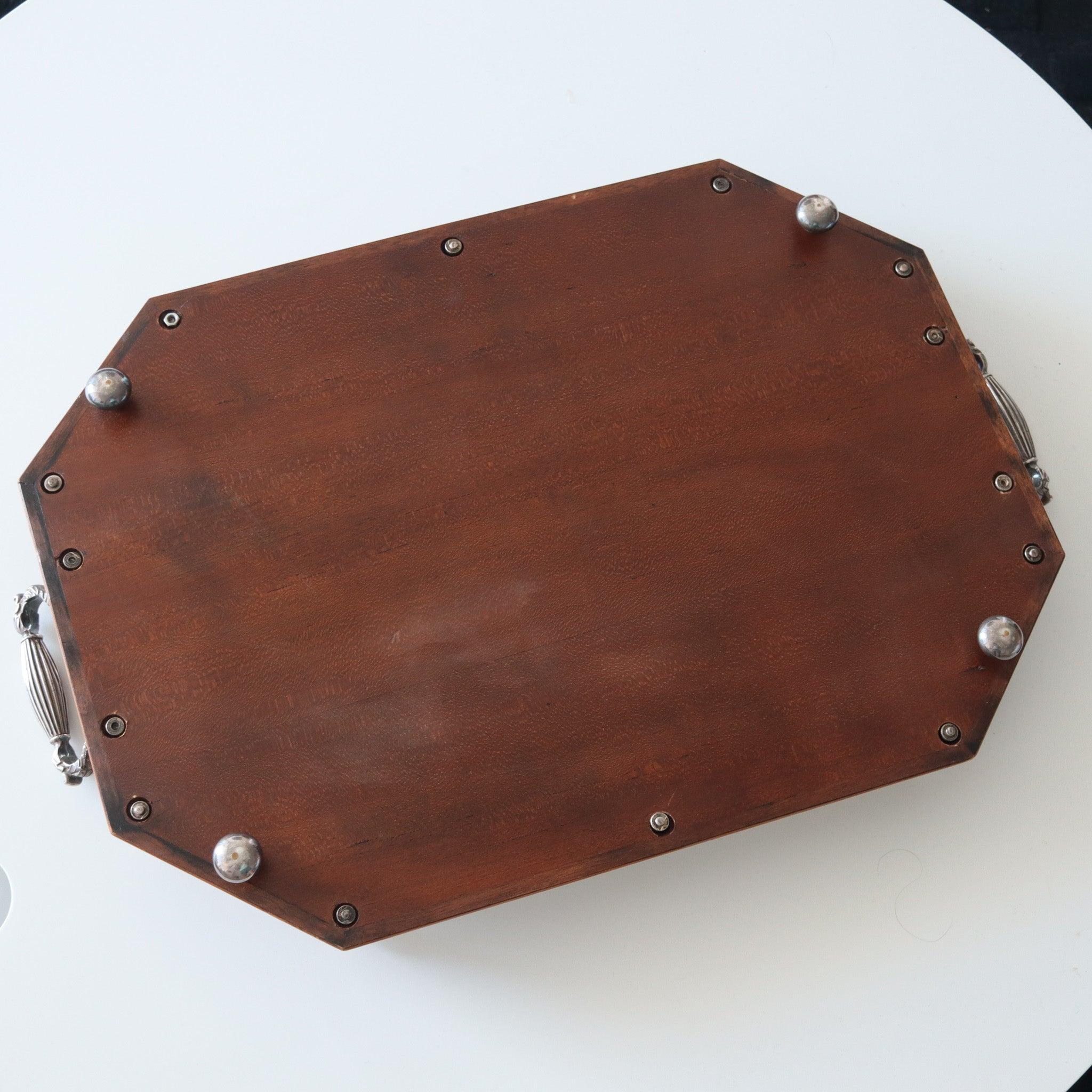 EDWARDIAN England 1900 Large Serving Tray In Silver Plate & Precious Inlaid In Excellent Condition For Sale In Miami, FL