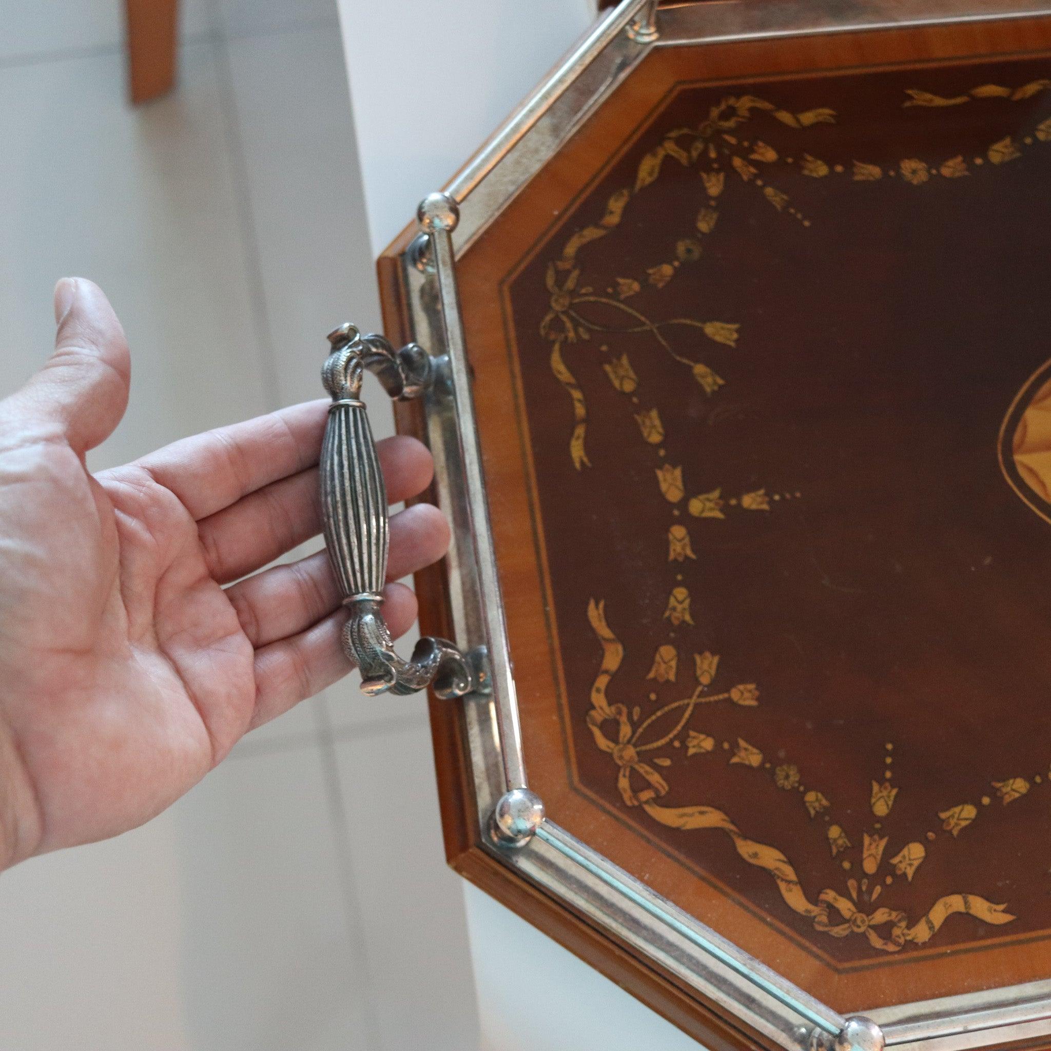 Early 20th Century EDWARDIAN England 1900 Large Serving Tray In Silver Plate & Precious Inlaid For Sale