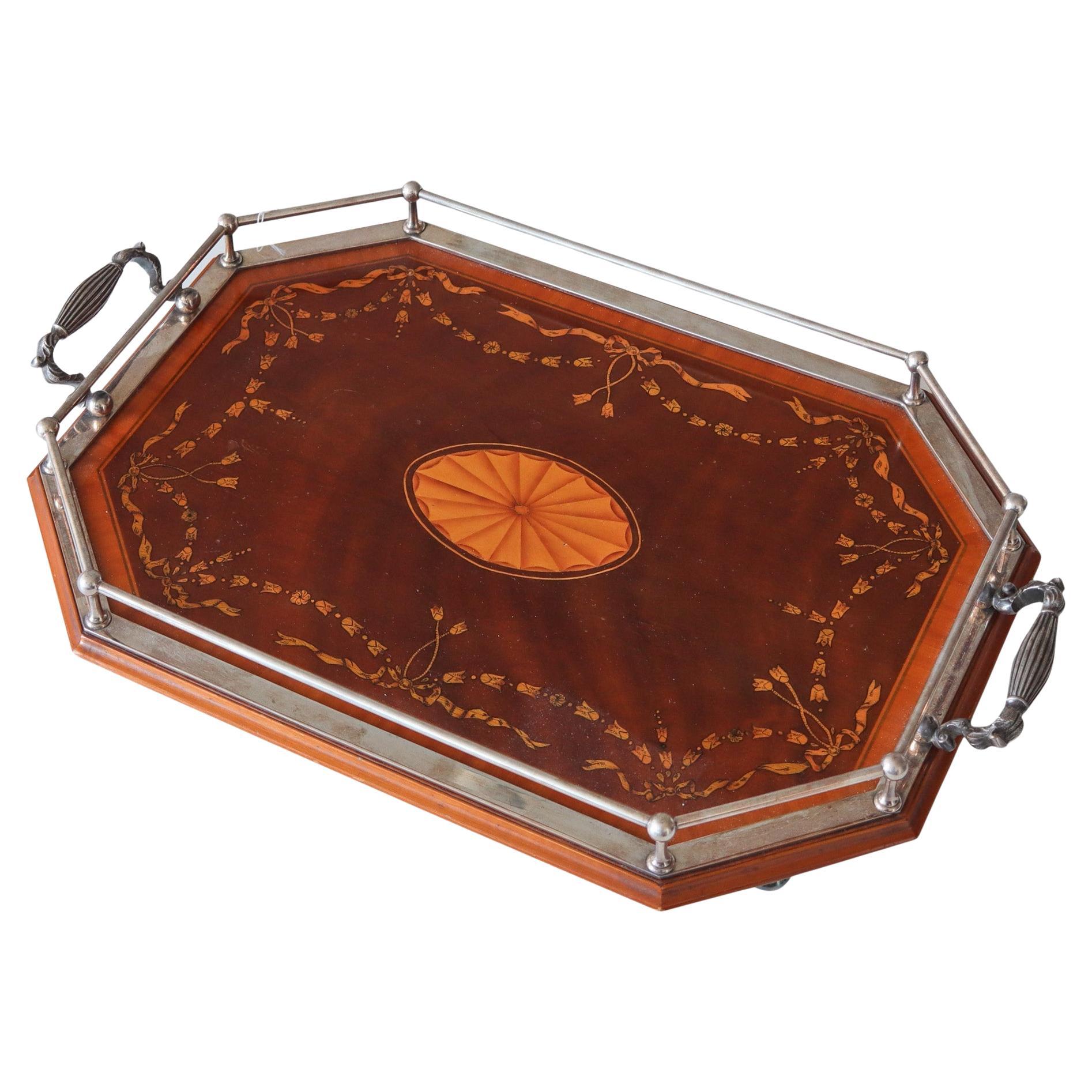 EDWARDIAN Inglaterra 1900 Bandeja grande para servir en plata e incrustaciones preciosas