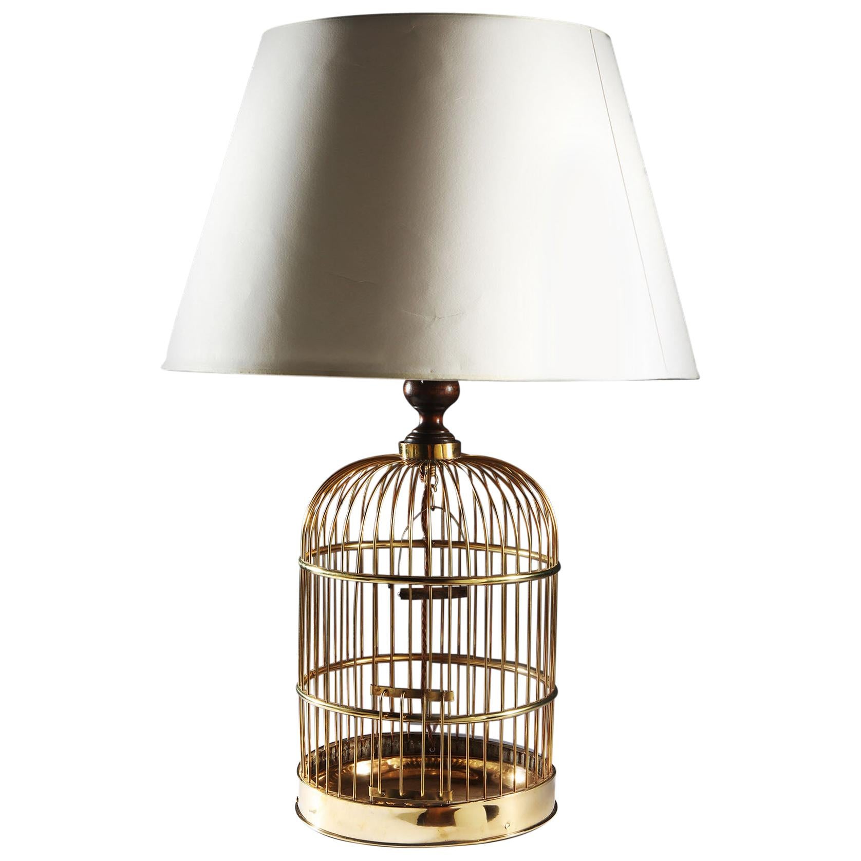 Edwardian English Brass Metal Birdcage as a Table Lamp, with Mahogany Neck