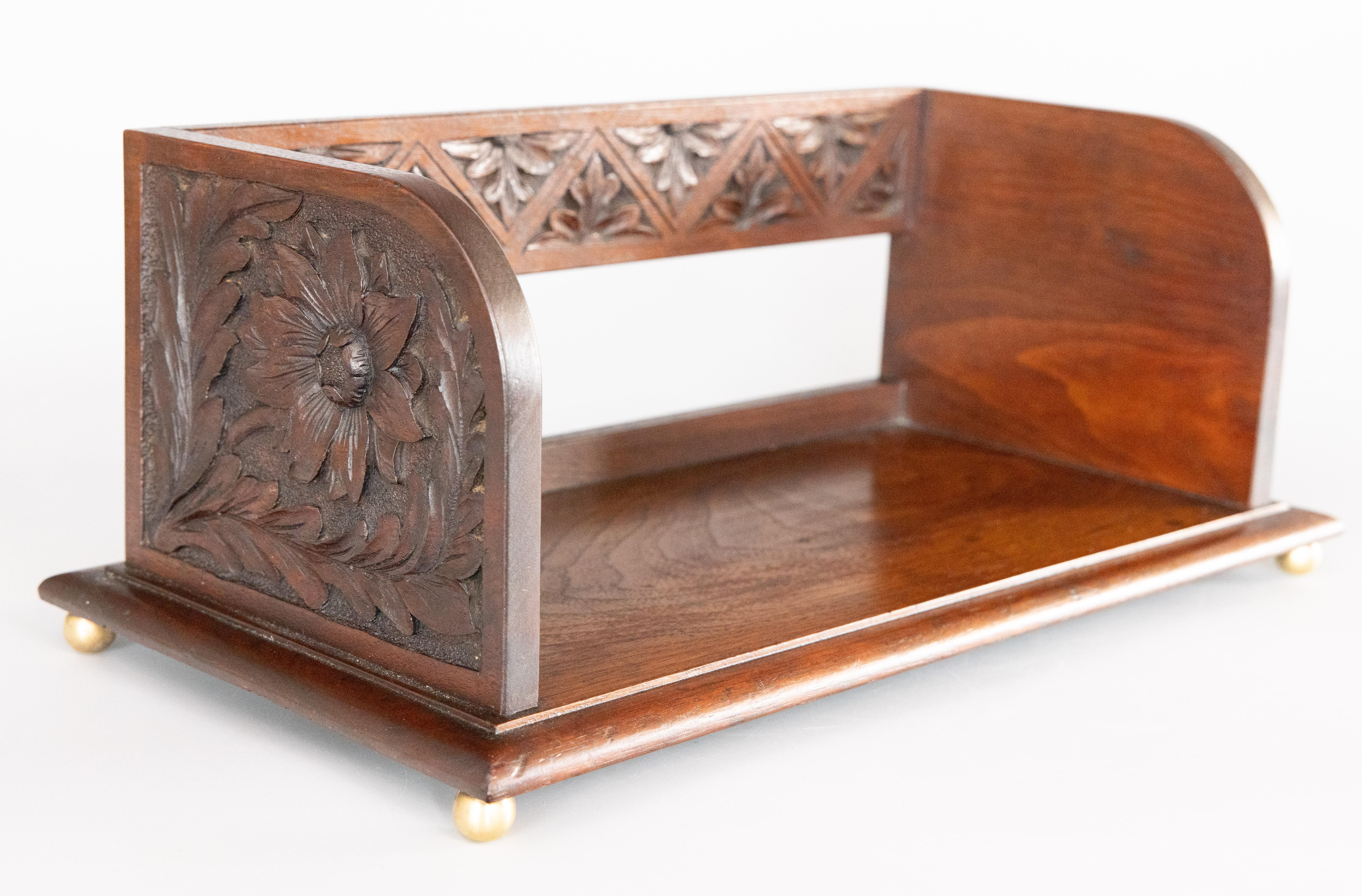 English Carved Mahogany Table Top Book Trough Rack Stand Bookends, C. 1900 For Sale 3