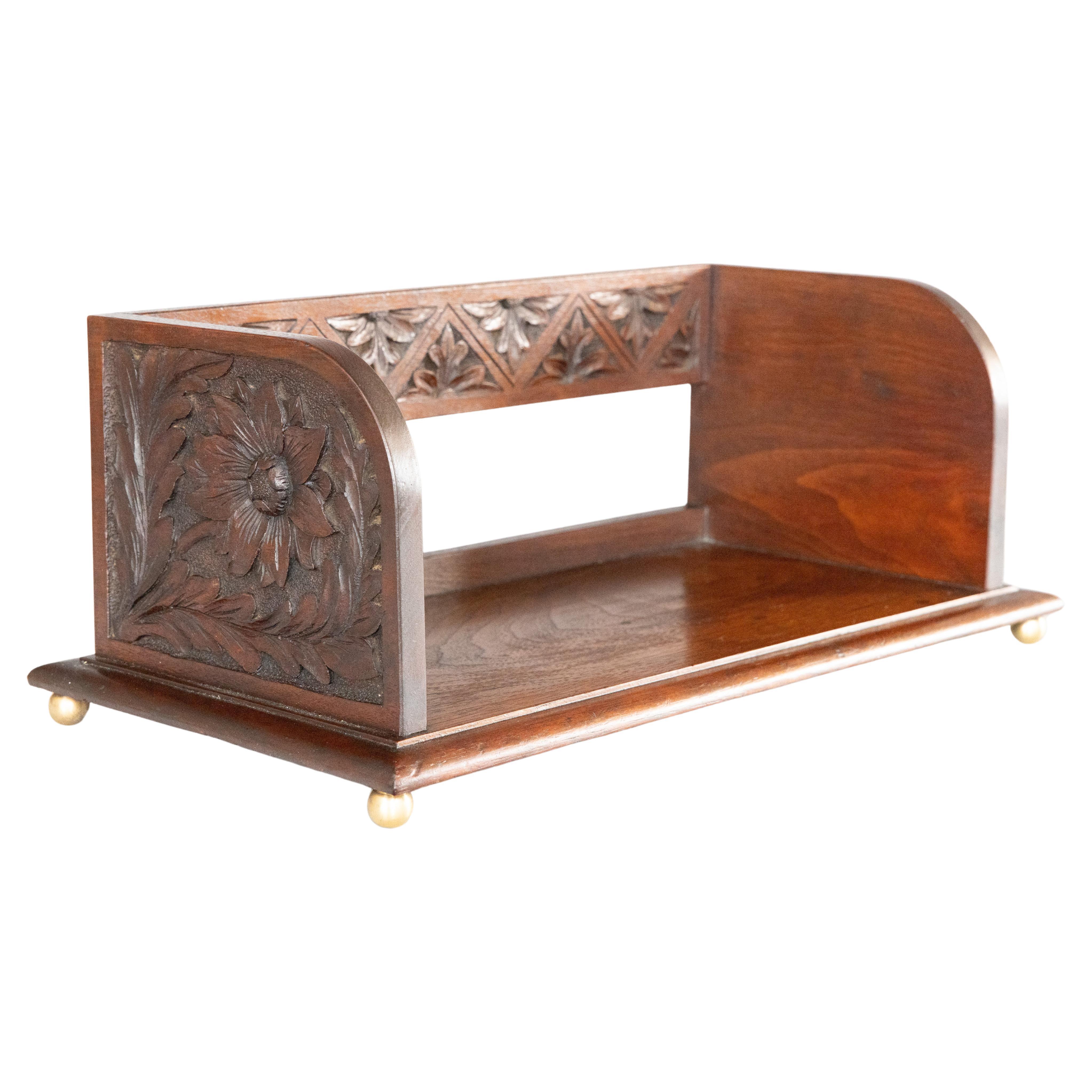 English Carved Mahogany Table Top Book Trough Rack Stand Bookends, C. 1900