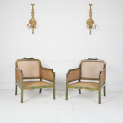 Edwardian English chinoiserie painted bergere armchairs