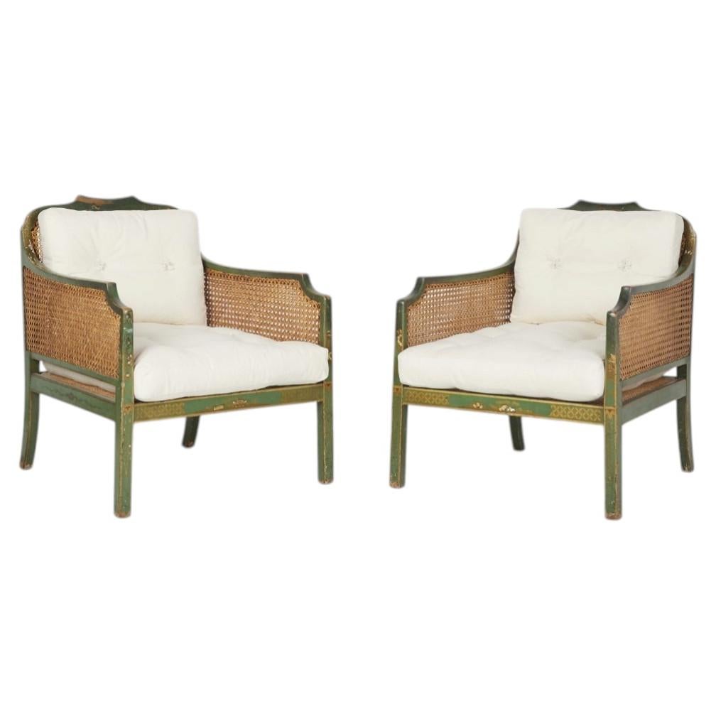 Edwardian English chinoiserie painted bergere armchairs