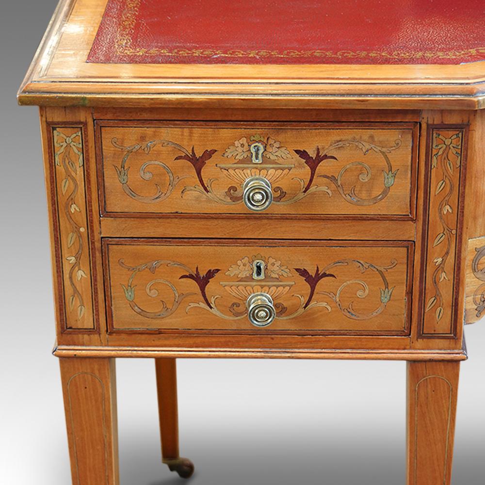 Edwardian English Country House Marquetry Inlaid Satinwood Desk, circa 1900 3