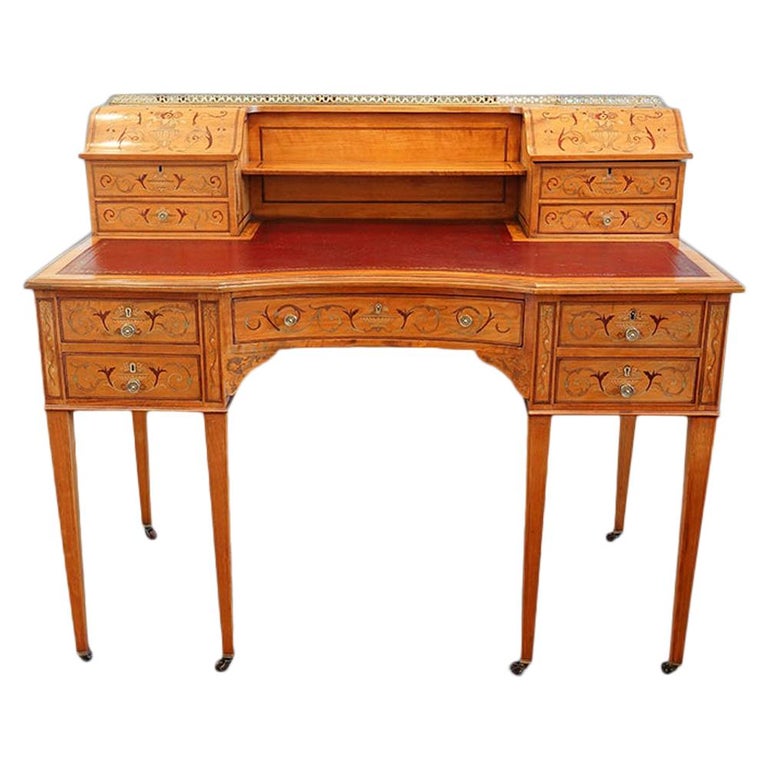 Edwardian English Country House Marquetry Inlaid Satinwood Desk, circa 1900 For Sale