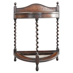 Antique Edwardian English Oak Barley Twist Demilune Umbrella Stick Stand, circa 1910