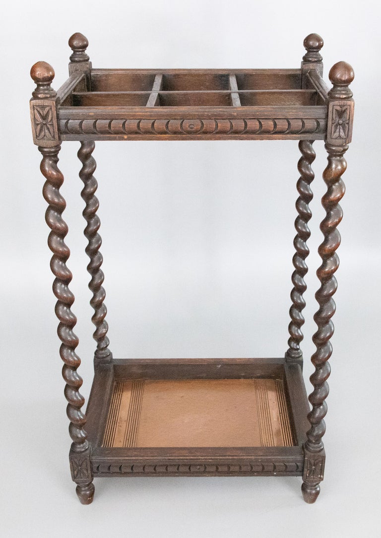 Edwardian English Oak Barley Twist Umbrella Stick Stand, circa 1910 For