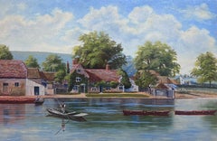 Antique English Oil Painting Gilt Frame Figure Punting on River Cottages Village