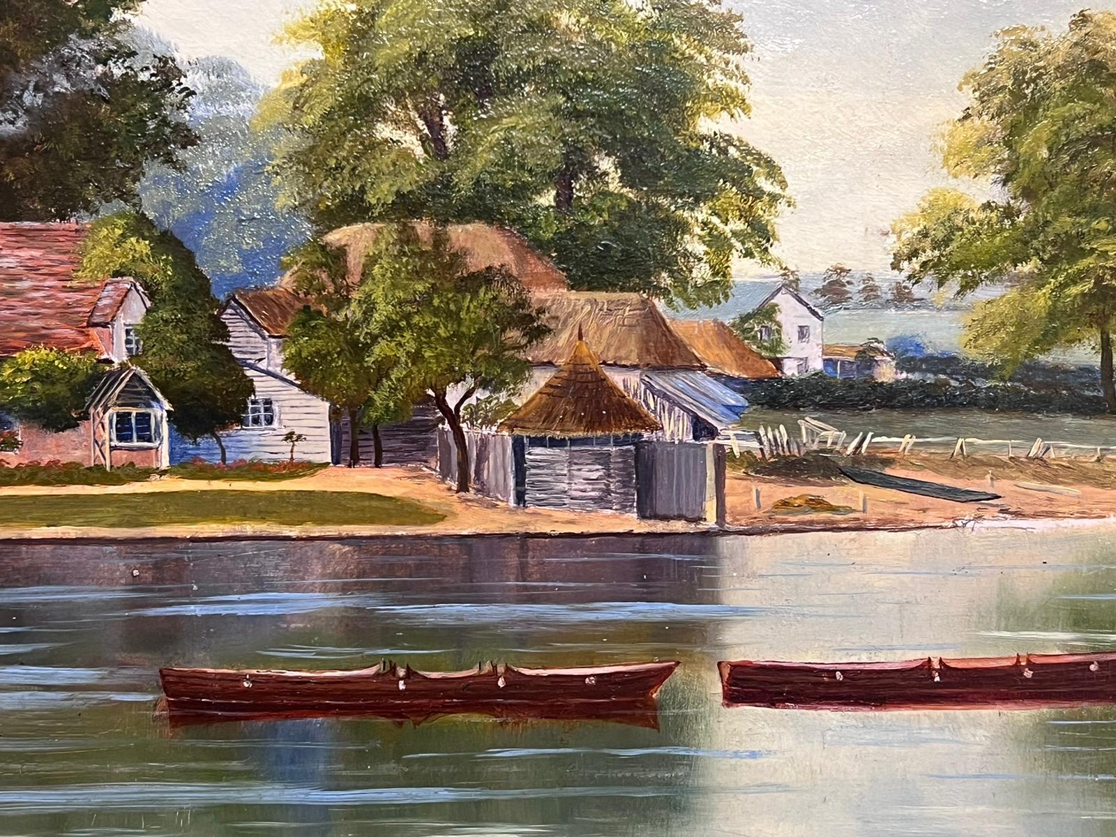 Antique English Oil Painting Gilt Frame Figure Punting on River Cottages Village For Sale 3