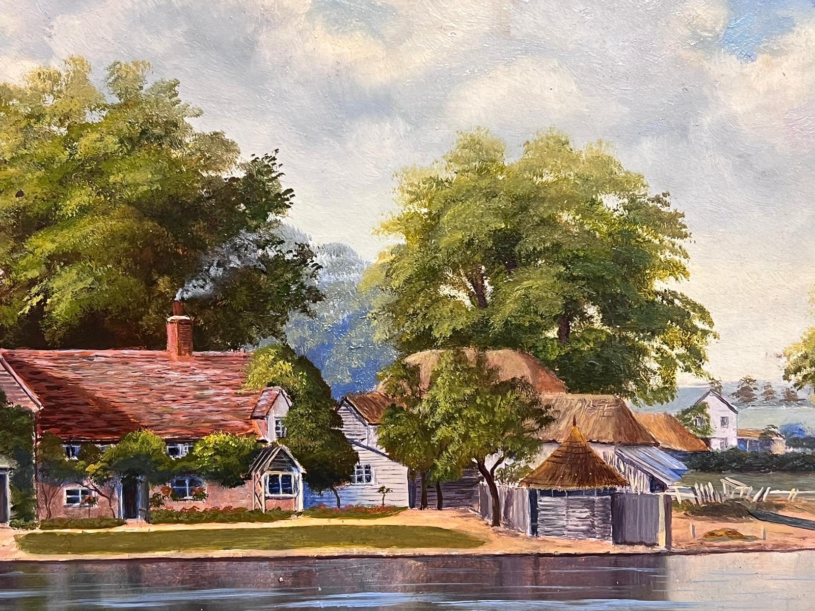 Antique English Oil Painting Gilt Frame Figure Punting on River Cottages Village For Sale 4