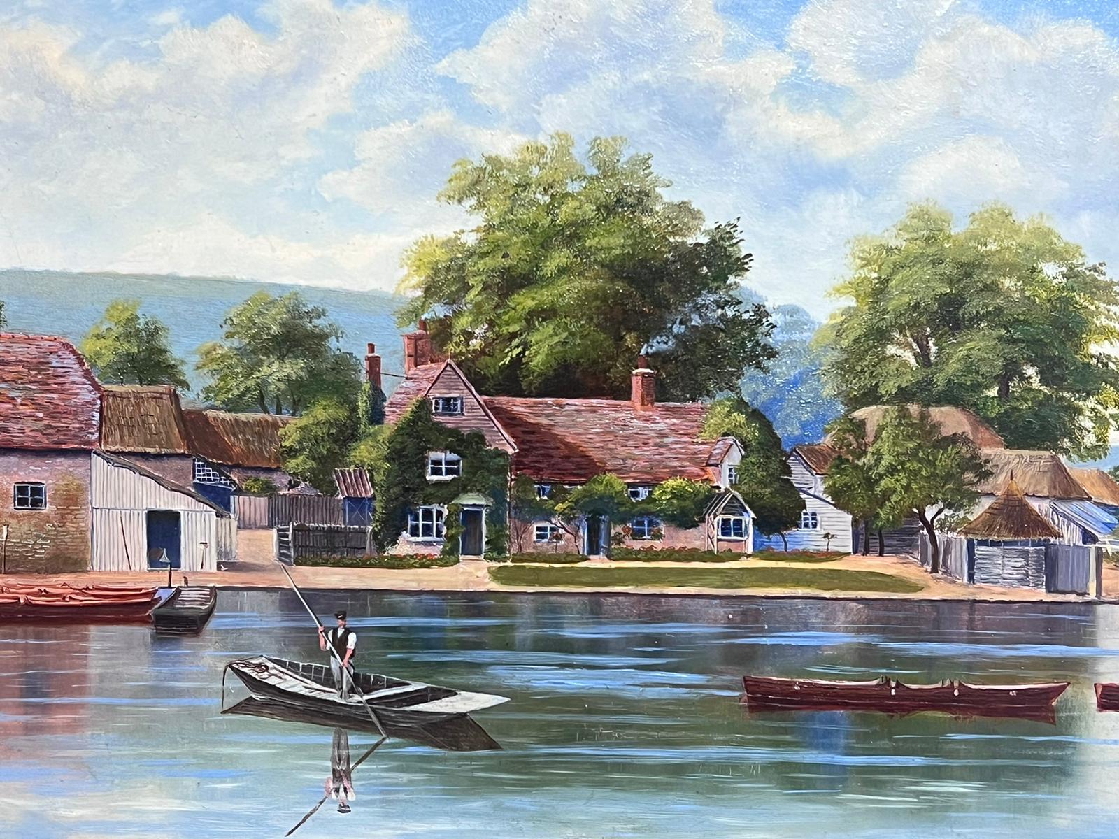 Antique English Oil Painting Gilt Frame Figure Punting on River Cottages Village For Sale 5