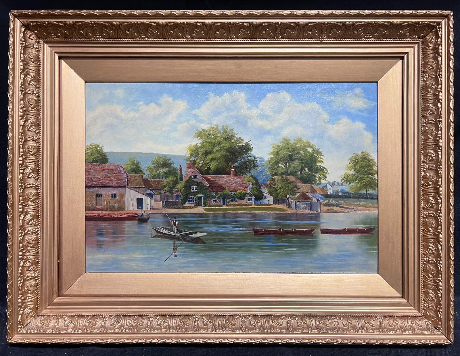 Unknown Figurative Painting - Antique English Oil Painting Gilt Frame Figure Punting on River Cottages Village