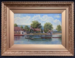 Ancienne peinture à l'huile anglaise avec cadre doré figure Punting on River Cottages Village