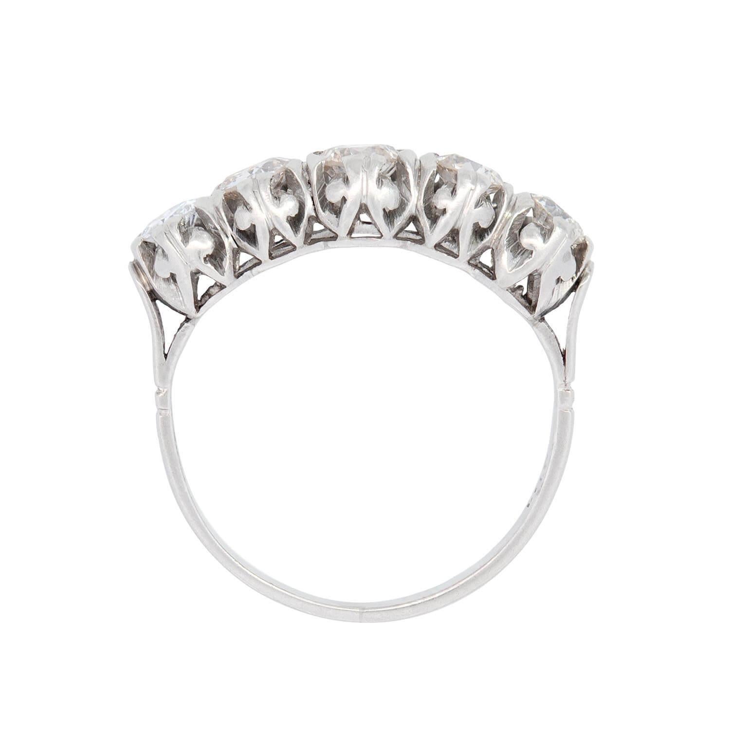 Women's or Men's Edwardian English Platinum Diamond Five Stone Engagement Ring 1.20ctw For Sale