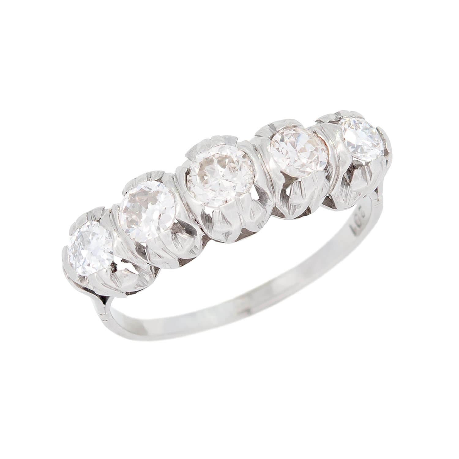 Edwardian English Platinum Diamond Five Stone Engagement Ring 1.20ctw For Sale