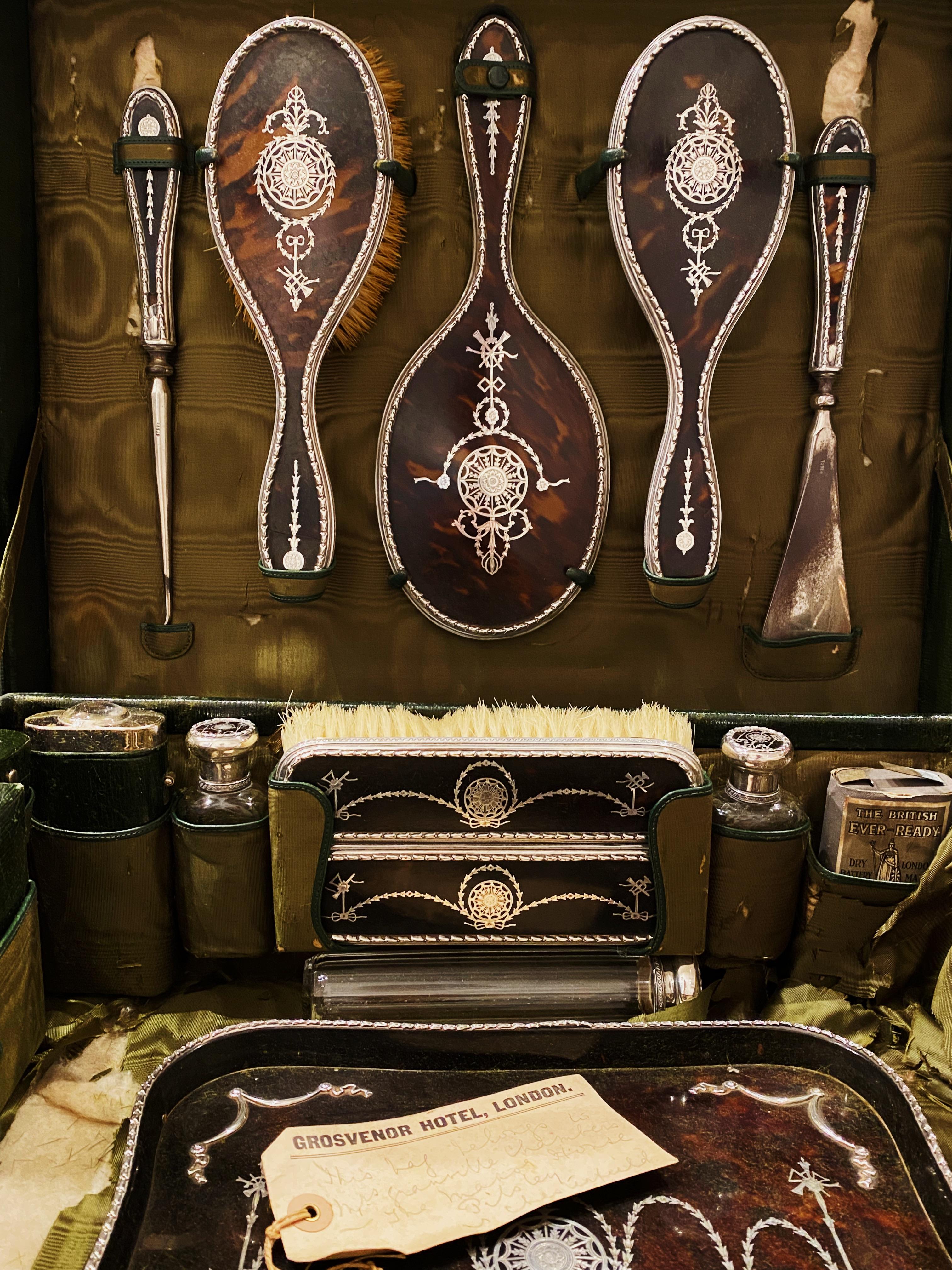 Edwardian English Silver Tortoiseshell Dressing Table Set in Travelling Case For Sale 11