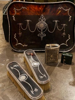 Edwardian English Silver Tortoiseshell Dressing Table Set in Travelling Case
