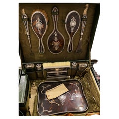 Edwardian English Silver Tortoiseshell Dressing Table Set in Travelling Case