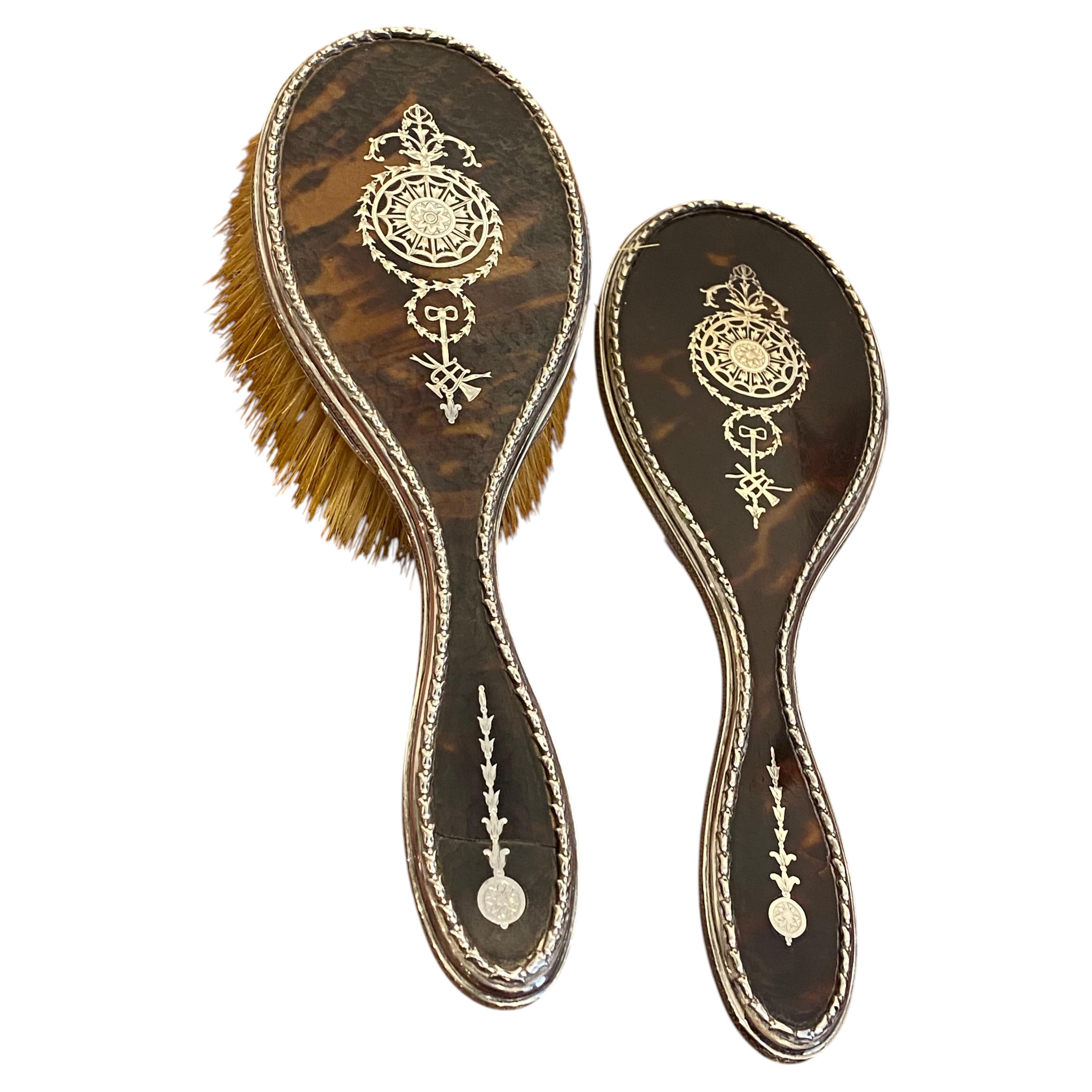 Edwardian English Silver Tortoiseshell Hand Mirror & Brush by William Comyns