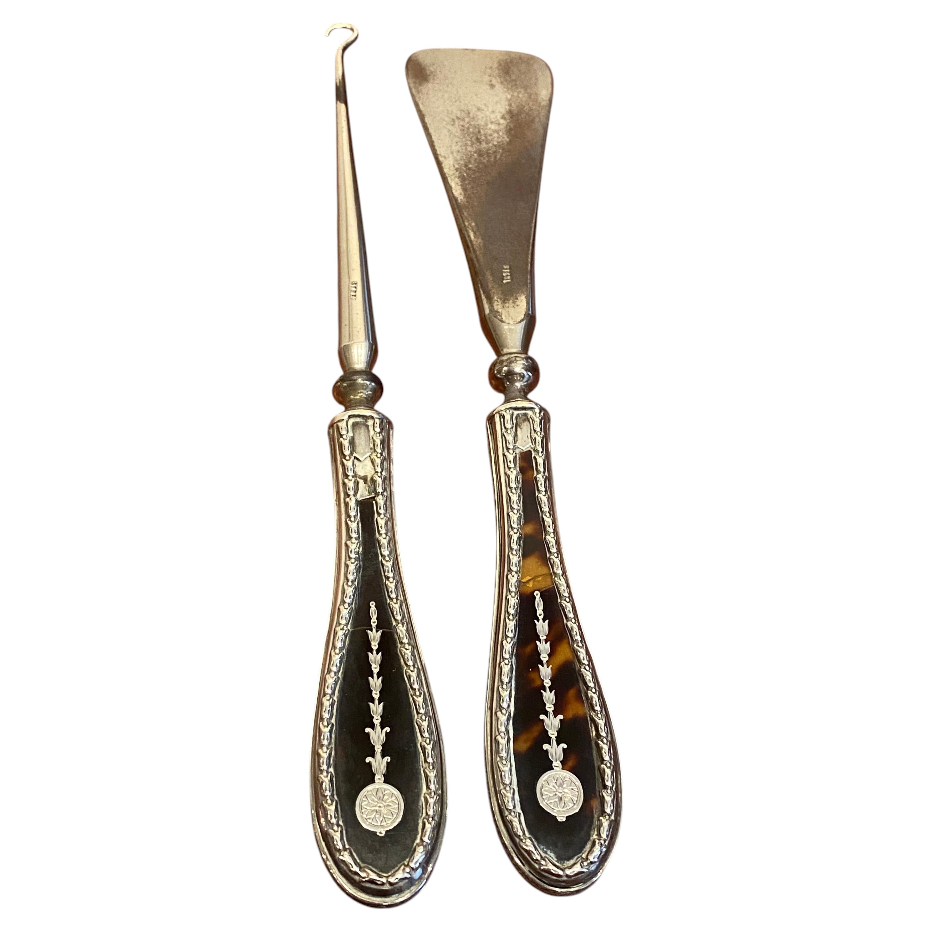 Edwardian English Silver Tortoiseshell Shoe Horn Button Hook by W. Comyns & Sons