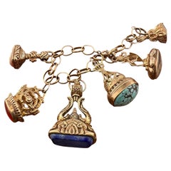 Edwardian English Six Seal Fobs Charm Bracelet 9 CT Gold