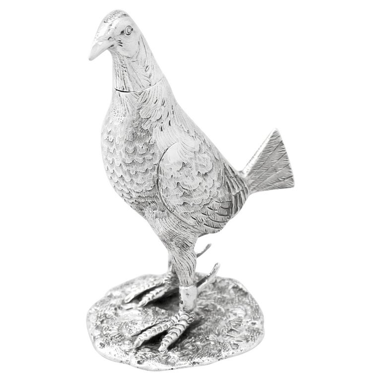 Edwardian English Sterling Silver Game Bird Pepperette For Sale