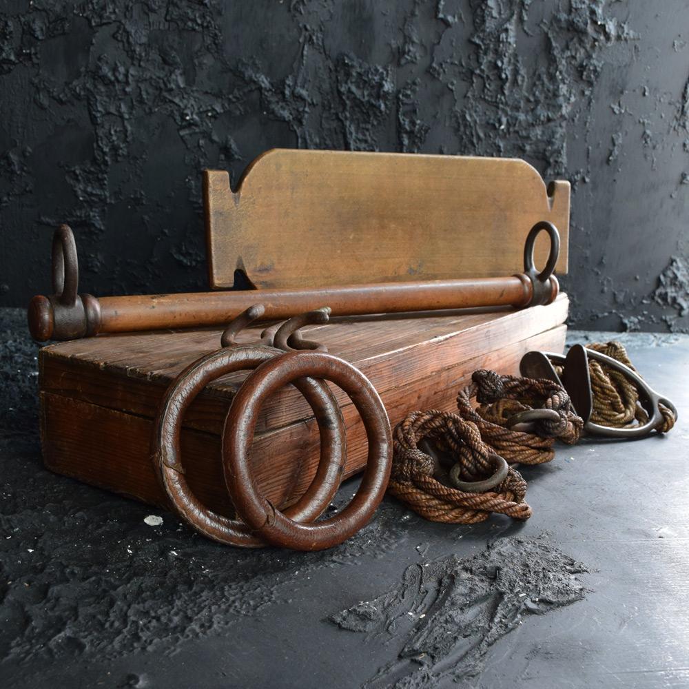 Edwardian Trapeze artist set

We share what we love, and we love this rare and unusual set of late 19th century English trapeze artists equipment. Housed in its original pine box, this collection includes a pair of leather stitched rings, ceiling