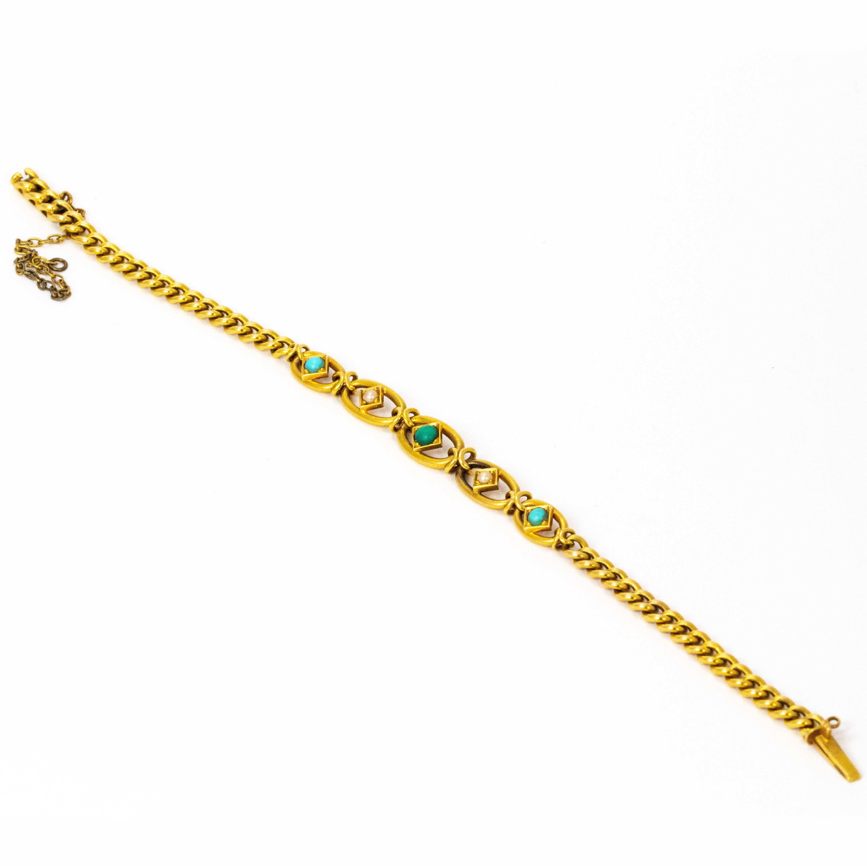 Englisches Armband aus 15 Karat Gold mit Türkis und Perle im Stil der Edwardianischen Zeit (Cabochon) im Angebot